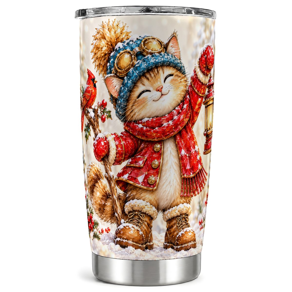 Winter Kitten Lantern Tumbler 20oz, Cat Tumbler, Stainless Steel Travel Cup