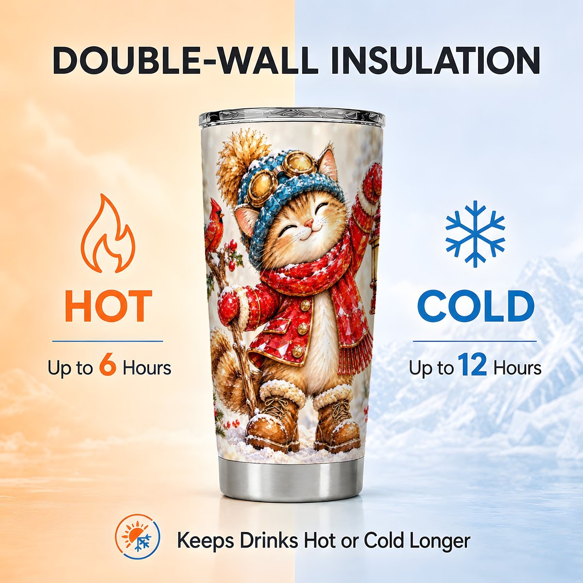 Winter Kitten Lantern Tumbler 20oz, Cat Tumbler, Stainless Steel Travel Cup