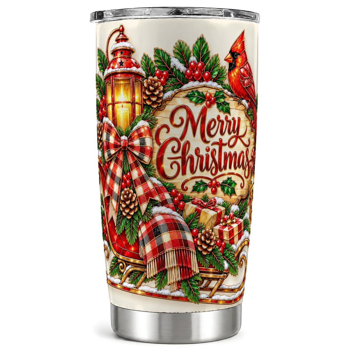 Christmas Cardinal Tumbler 20oz, Sleigh Tumbler, Steel Travel Cup