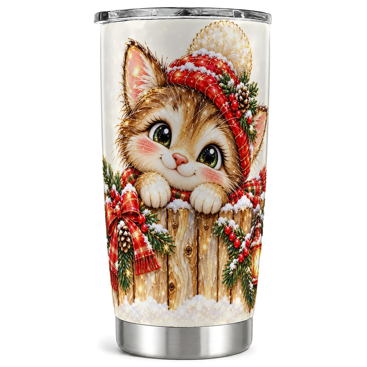 Christmas Kitten Tumbler 20oz, Festive Cat Tumbler, Steel Travel Cup