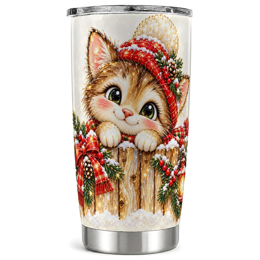 Christmas Kitten Tumbler 20oz, Festive Cat Tumbler, Steel Travel Cup