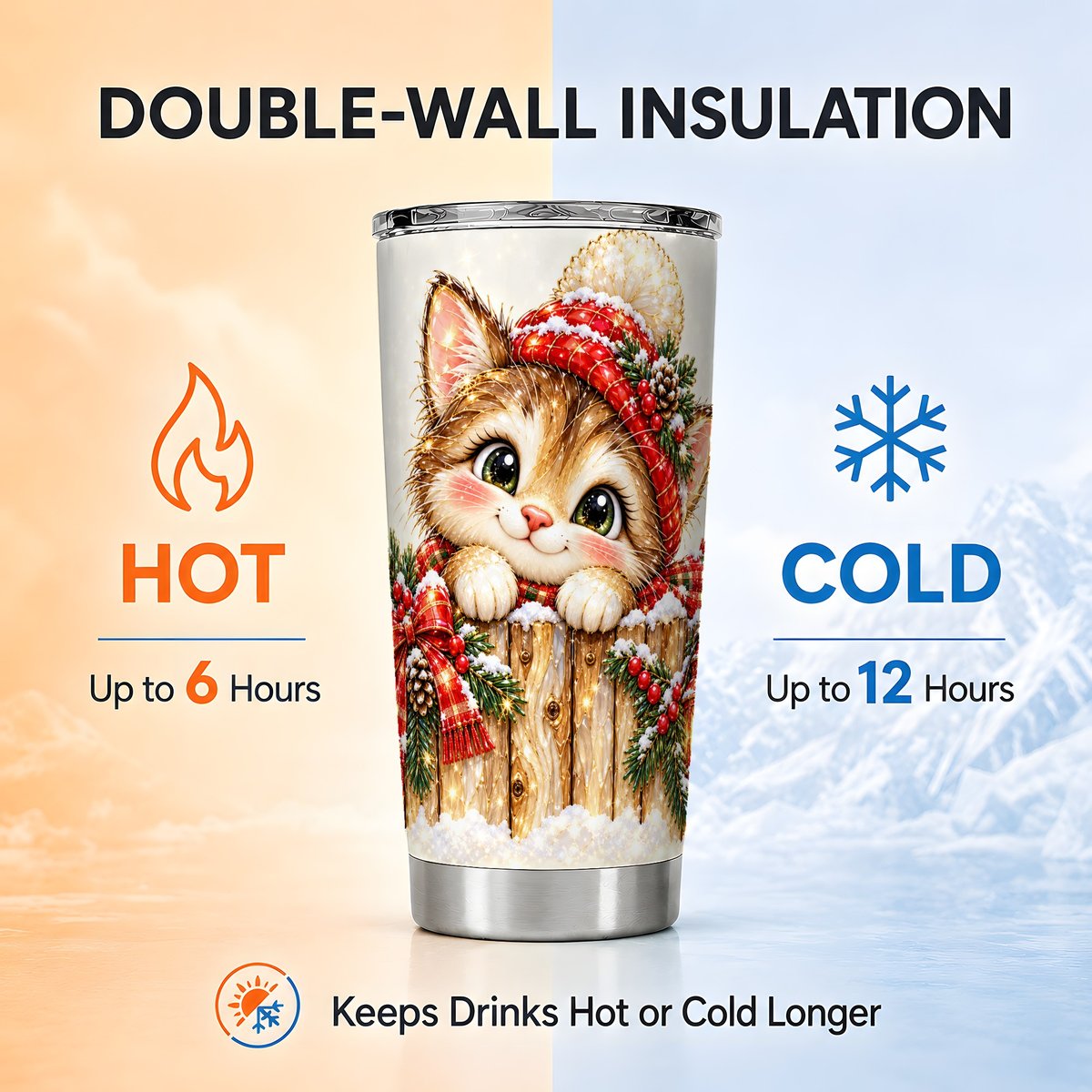 Christmas Kitten Tumbler 20oz, Festive Cat Tumbler, Steel Travel Cup