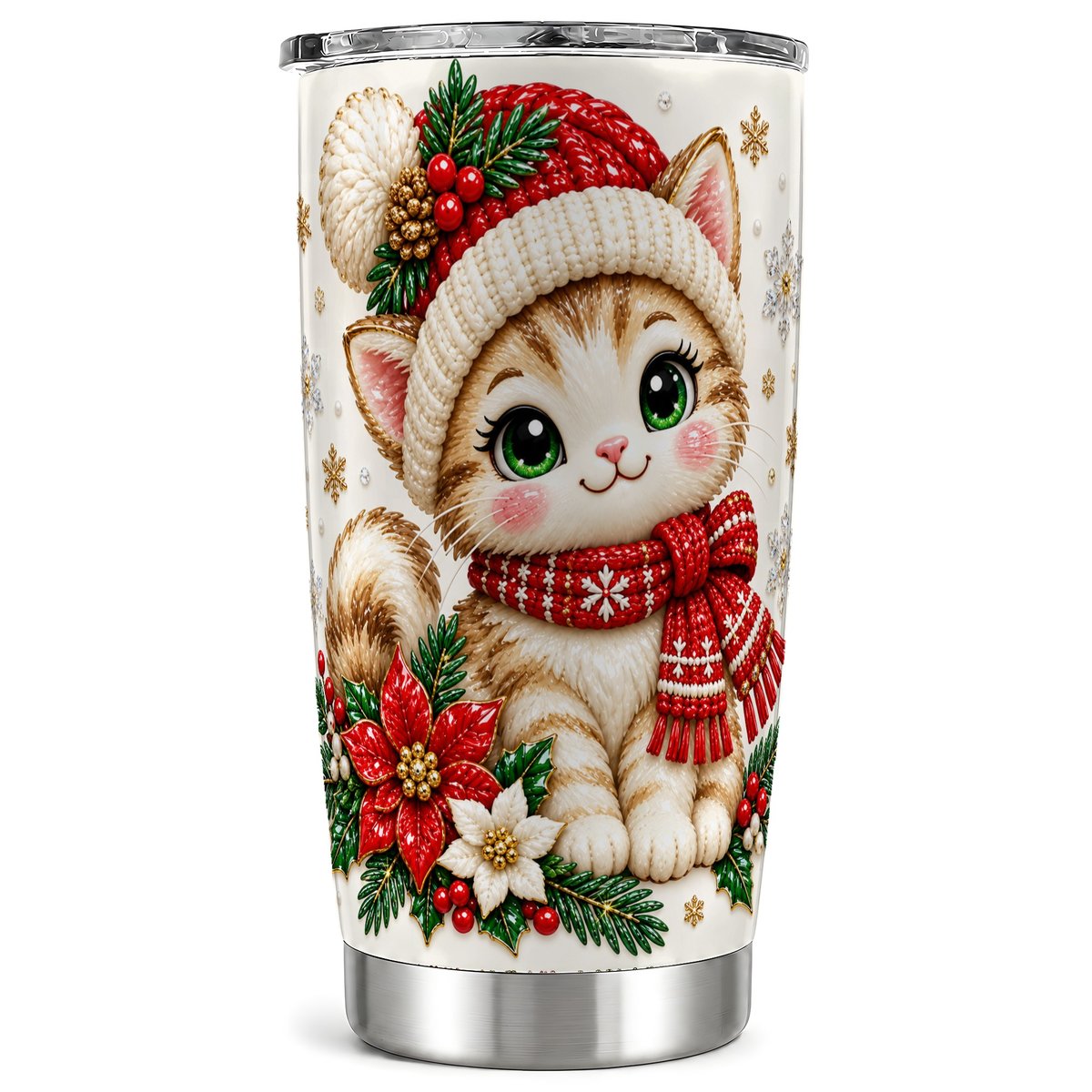 Christmas Cat Tumbler 20oz, Poinsettia Tumbler, Steel Travel Cup