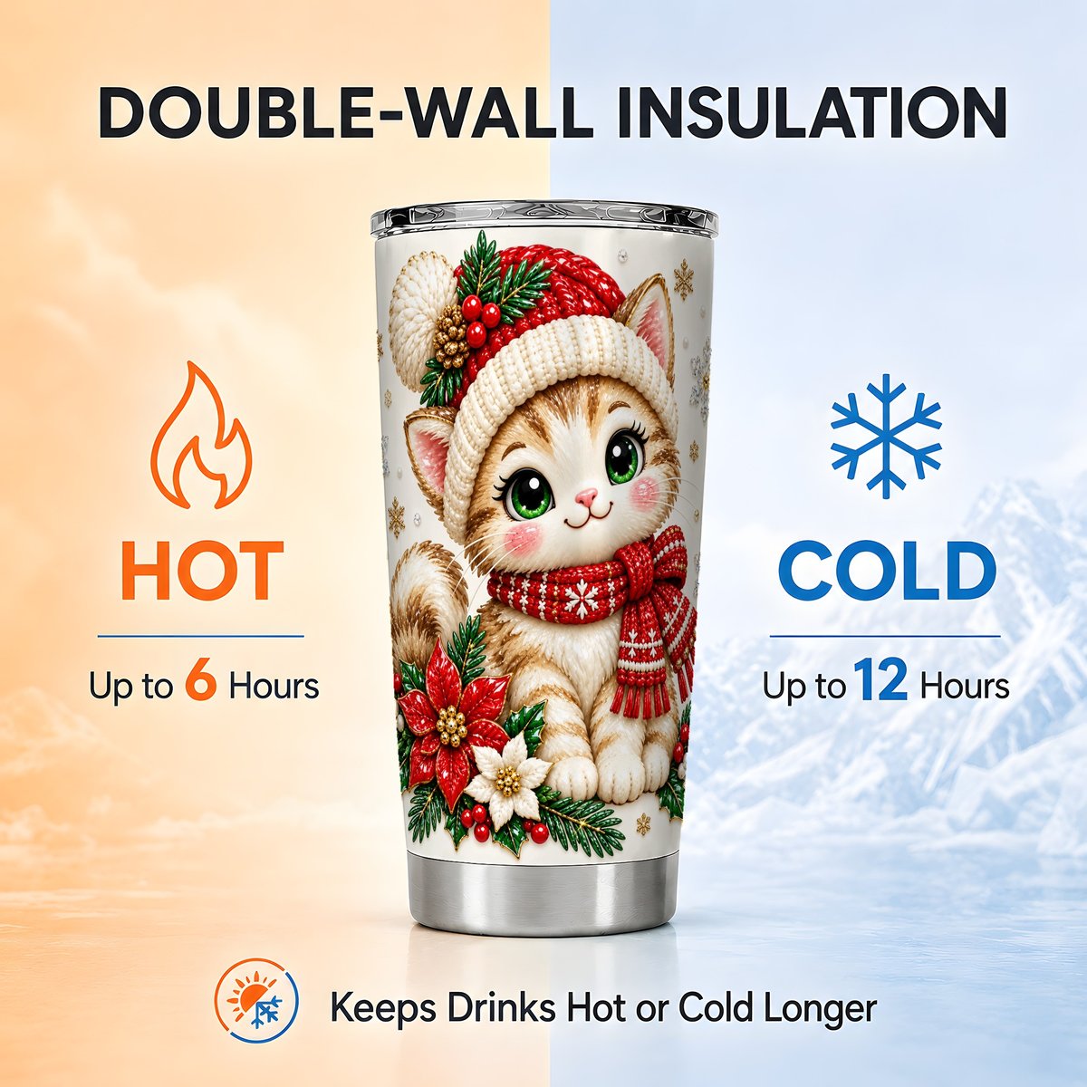 Christmas Cat Tumbler 20oz, Poinsettia Tumbler, Steel Travel Cup