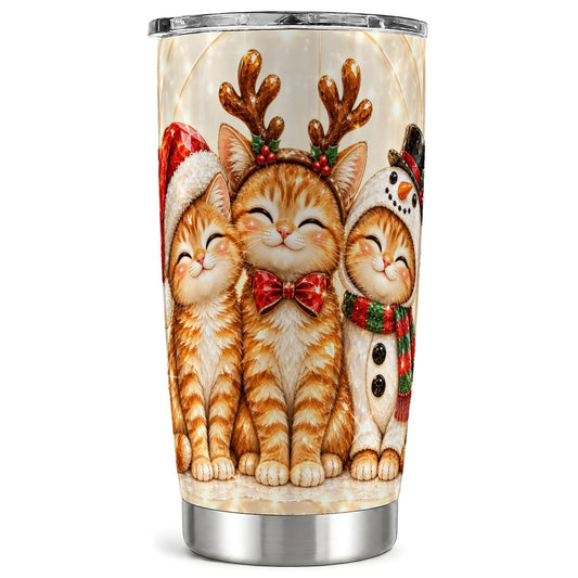 Christmas Kittens Tumbler 20oz, Cat Trio Tumbler, Steel Travel Cup