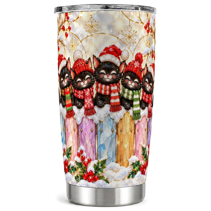 Christmas Black Cats Tumbler 20oz, Festive Kitty Stainless Steel Travel Cup