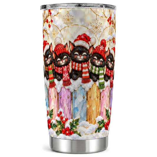 Christmas Black Cats Tumbler 20oz, Festive Kitty Stainless Steel Travel Cup