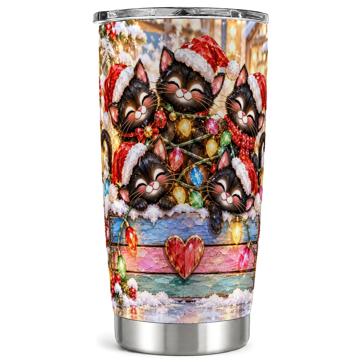 Christmas Kittens Tumbler 20oz, Holiday Cats Stainless Steel Travel Cup