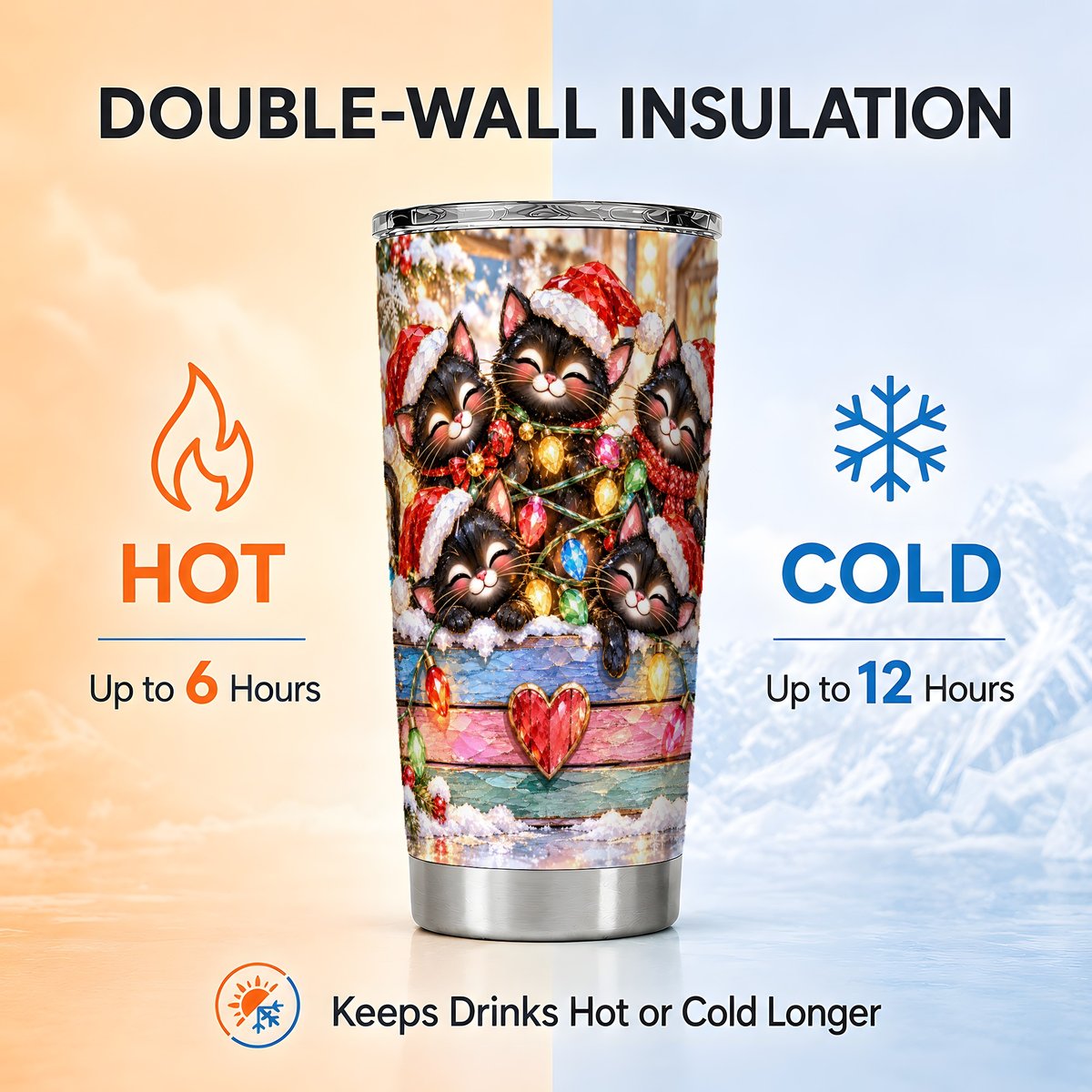 Christmas Kittens Tumbler 20oz, Holiday Cats Stainless Steel Travel Cup