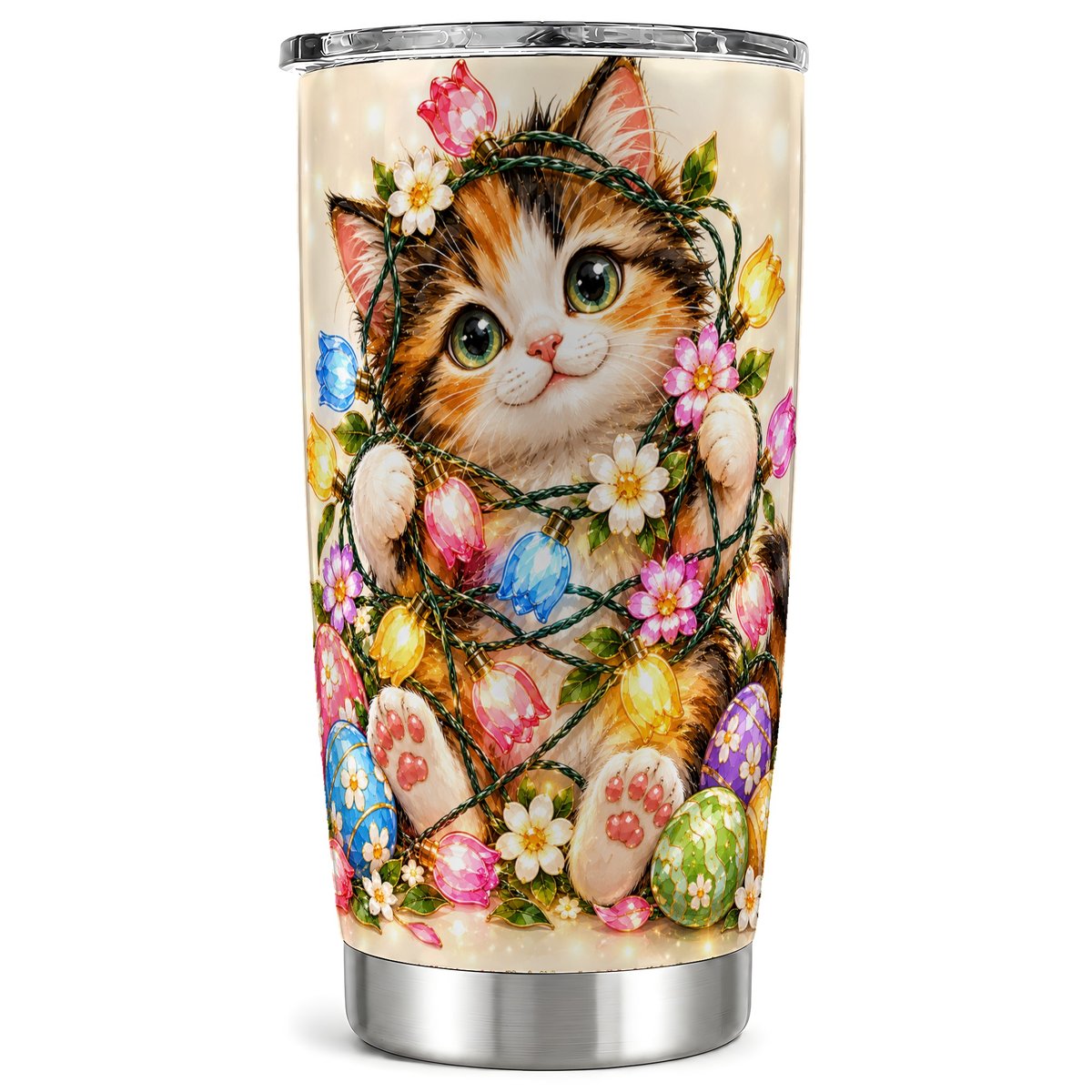 Easter Calico Kitten Tumbler 20oz, Floral Stainless Steel Travel Cup