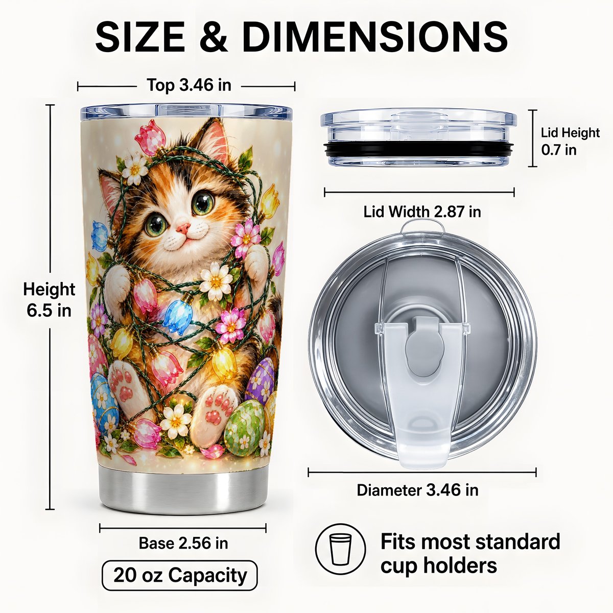 #pl[20oz|Steel] Easter Calico Kitten Tumbler 20oz, Floral Stainless Steel Travel Cup