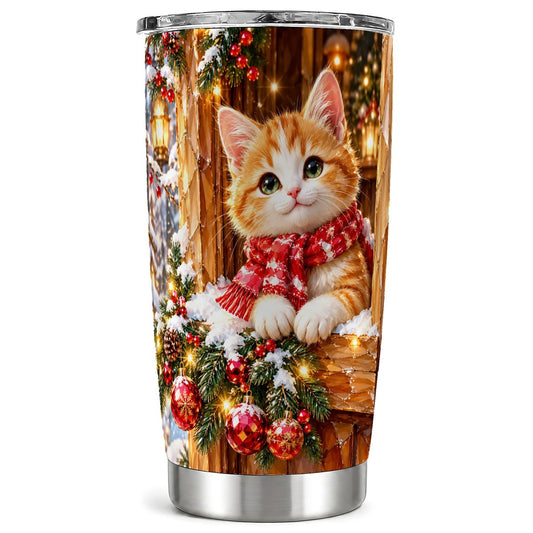 Winter Orange Kitten Tumbler 20oz, Snowy Cat Stainless Steel Travel Cup