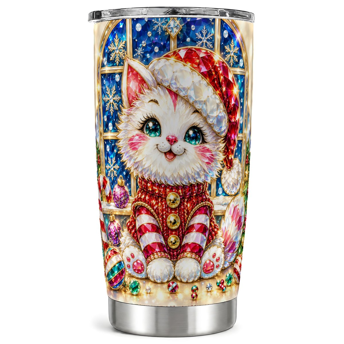 Christmas White Kitten Tumbler 20oz, Festive Stainless Steel Travel Cup