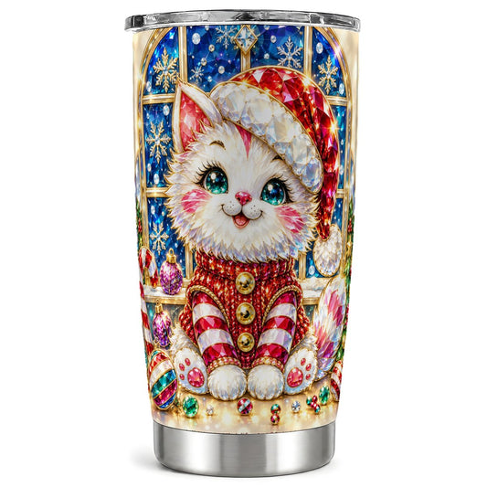 Christmas White Kitten Tumbler 20oz, Festive Stainless Steel Travel Cup