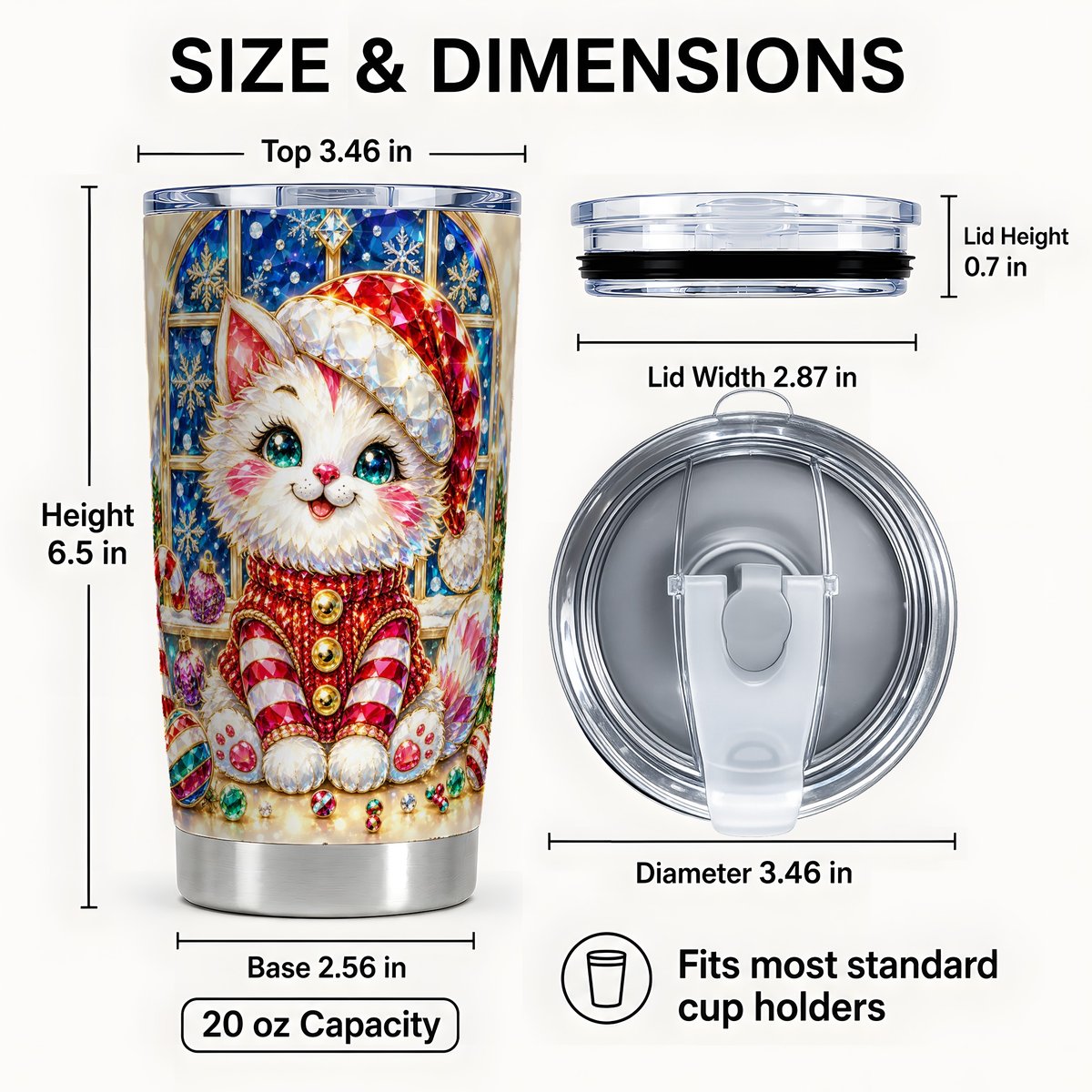 #pl[20oz|Steel] Christmas White Kitten Tumbler 20oz, Festive Stainless Steel Travel Cup