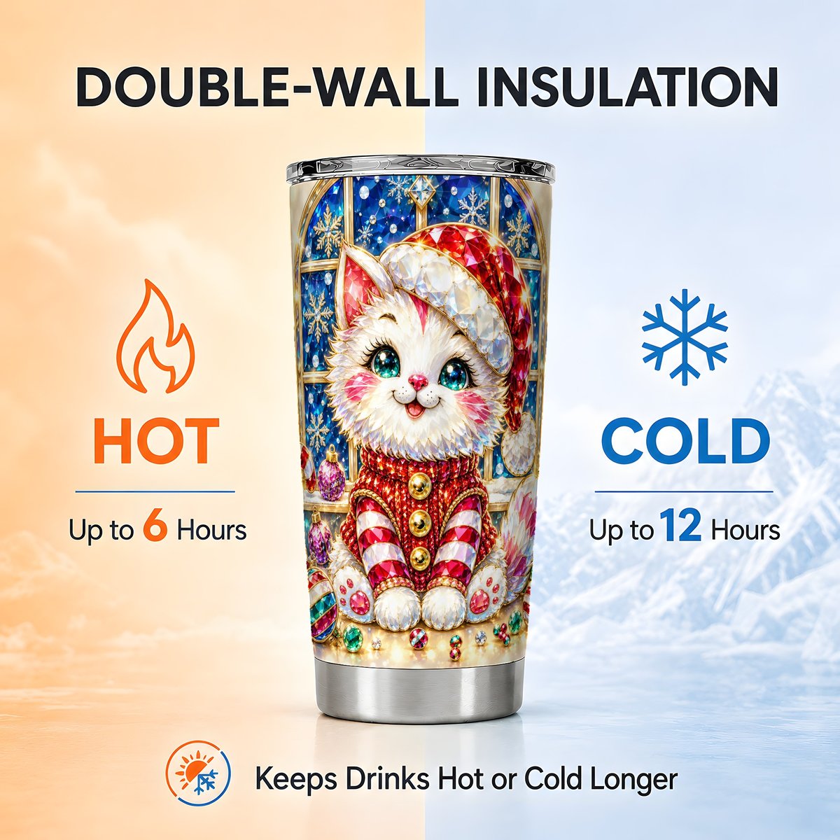 Christmas White Kitten Tumbler 20oz, Festive Stainless Steel Travel Cup