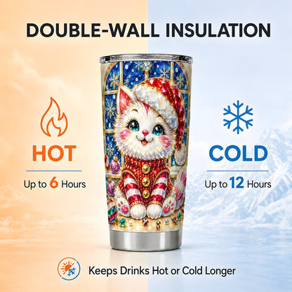 Christmas White Kitten Tumbler 20oz, Festive Stainless Steel Travel Cup