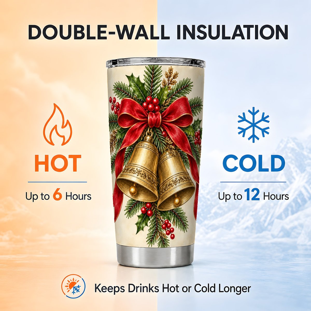 Christmas Bells Tumbler 20oz, Holiday Tumbler, Stainless Steel Travel Cup