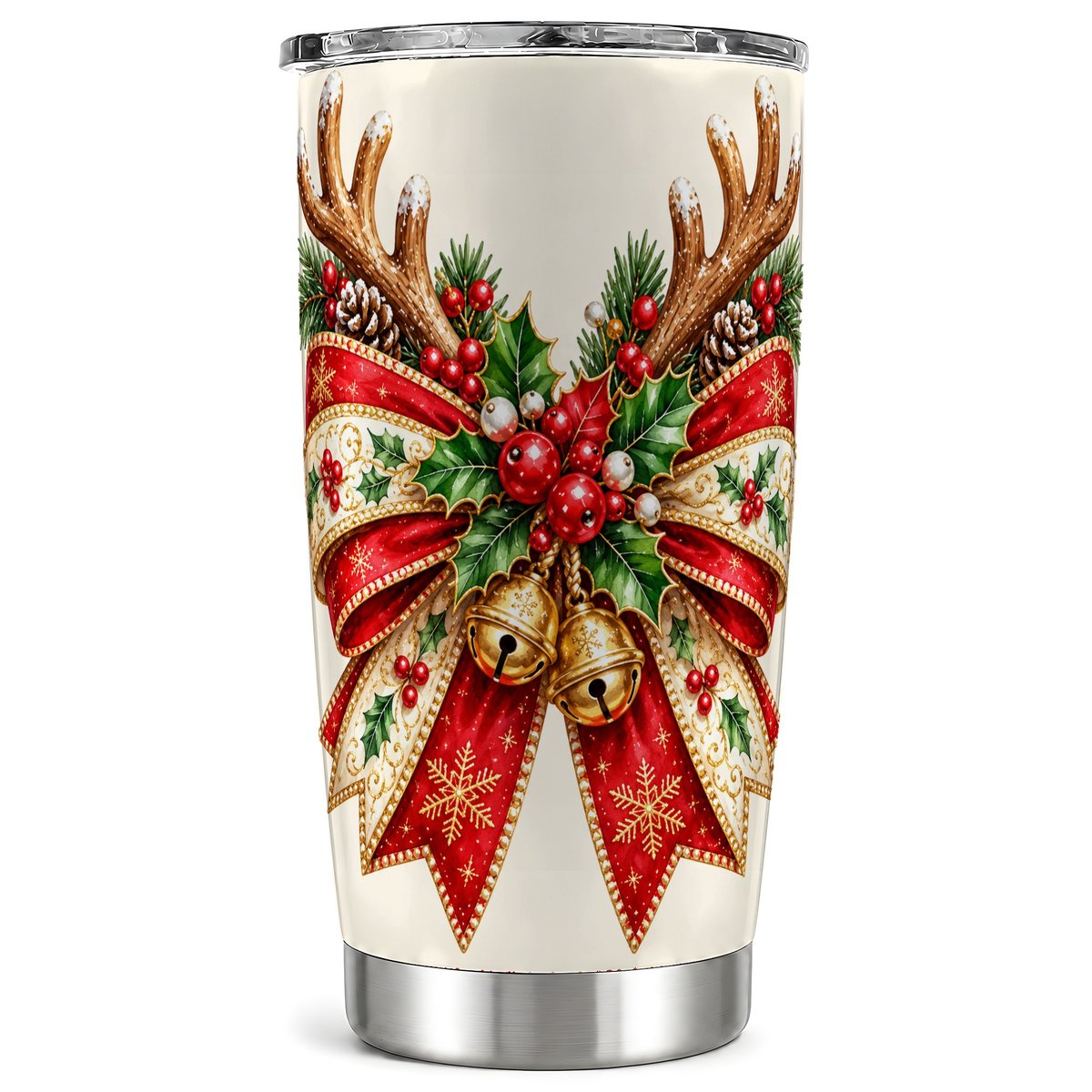 Reindeer Bow Tumbler 20oz, Holiday Tumbler, Stainless Steel Travel Cup