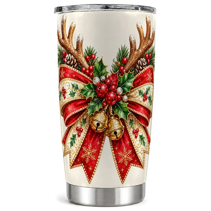 Reindeer Bow Tumbler 20oz, Holiday Tumbler, Stainless Steel Travel Cup