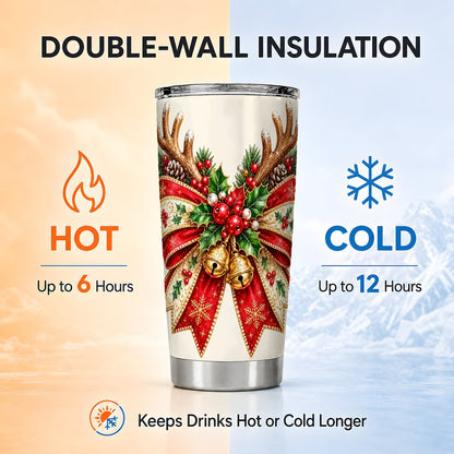 Reindeer Bow Tumbler 20oz, Holiday Tumbler, Stainless Steel Travel Cup