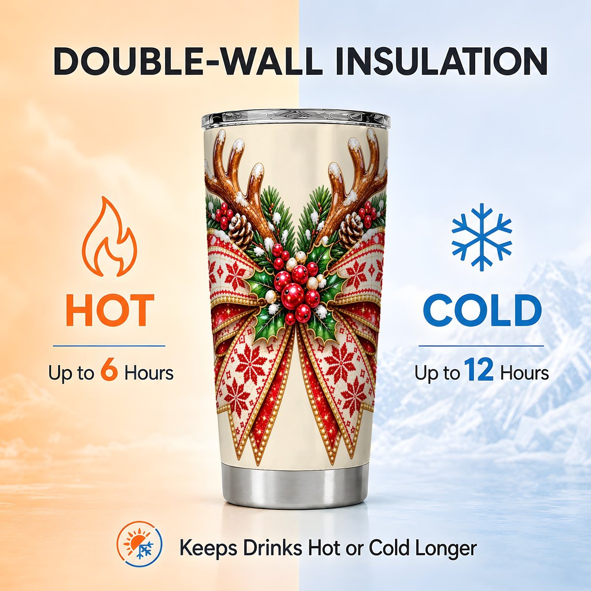 Snowflake Bow Tumbler 20oz, Winter Tumbler, Stainless Steel Travel Cup