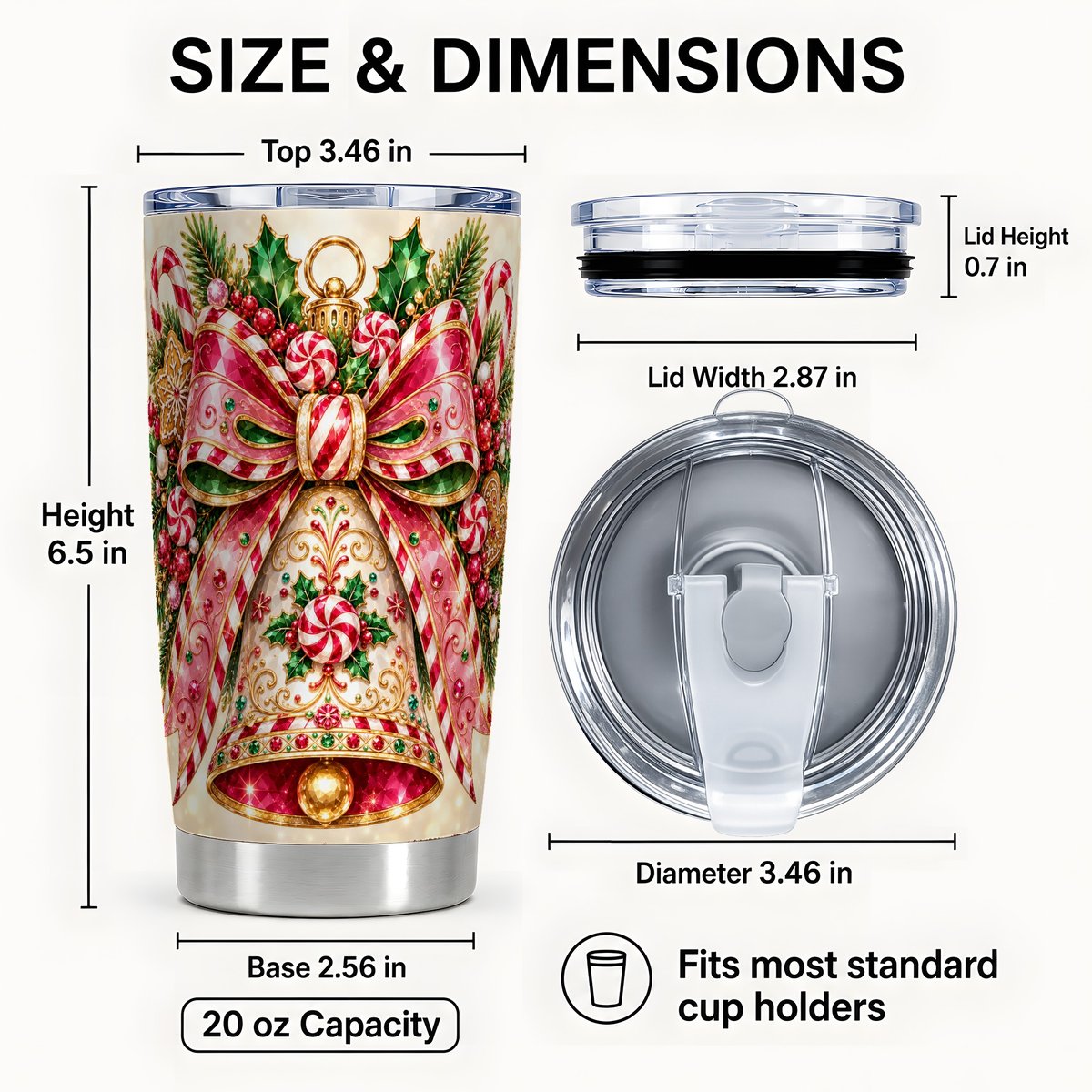 #pl[20oz|Steel] Candy Cane Bell Tumbler 20oz, Festive Tumbler, Stainless Steel Travel Cup