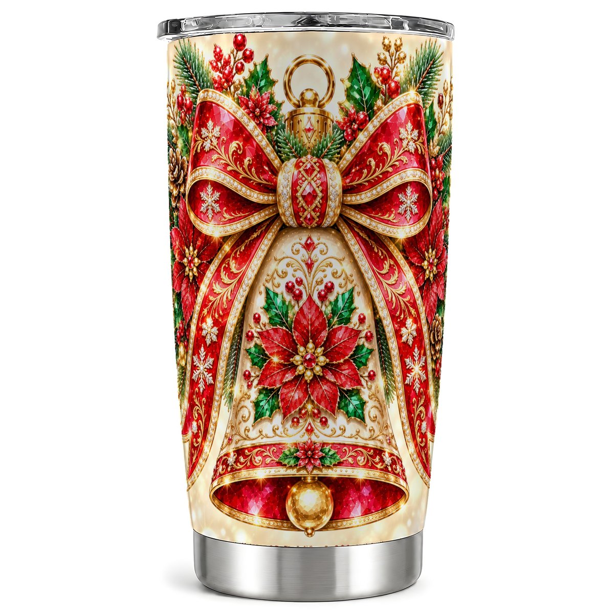 Christmas Bell Tumbler 20oz, Poinsettia Stainless Steel Travel Cup