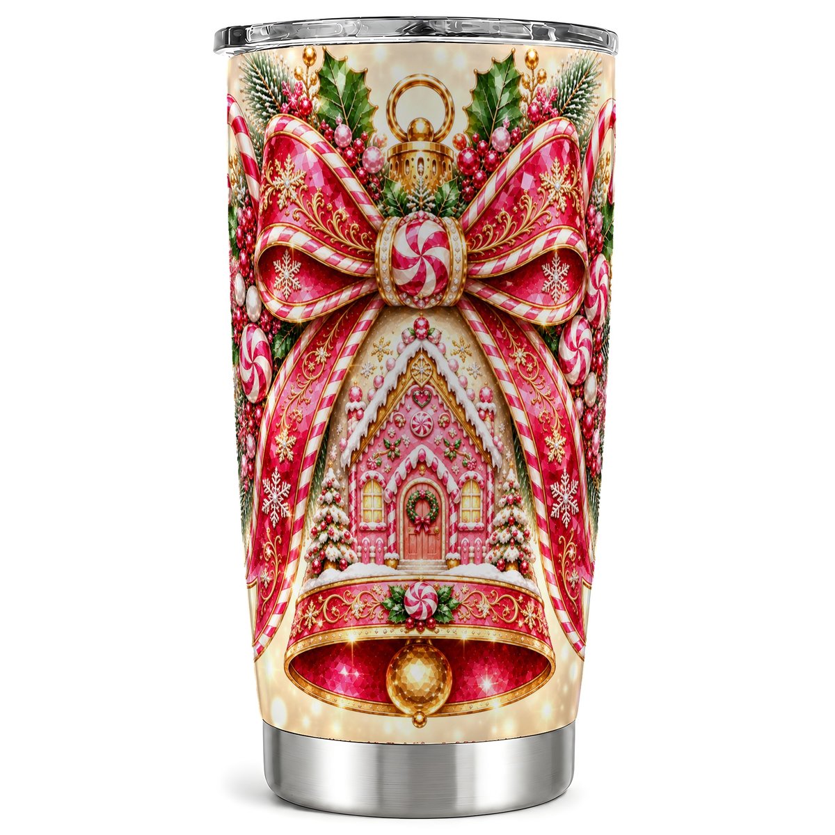 Gingerbread Bell Tumbler 20oz, Candy Cane Stainless Steel Travel Cup