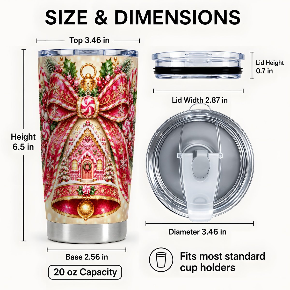 #pl[20oz|Steel] Gingerbread Bell Tumbler 20oz, Candy Cane Stainless Steel Travel Cup