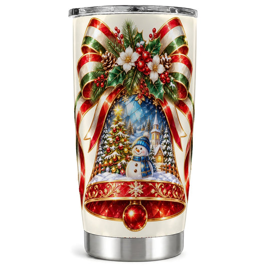 Snowman Bell Tumbler 20oz, Winter Scene Stainless Steel Travel Cup
