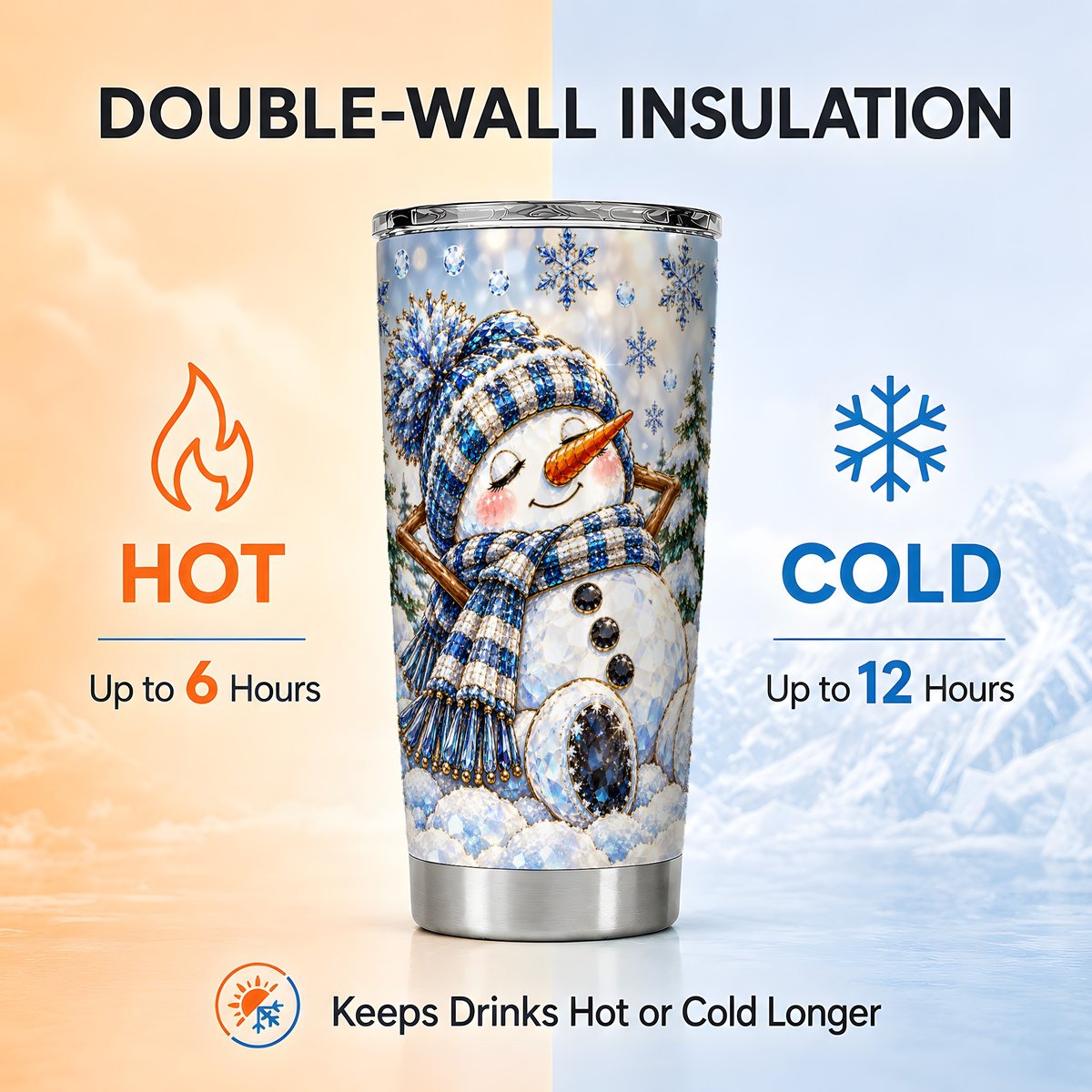 Blue Snowman Tumbler 20oz, Snowflake Stainless Steel Travel Cup