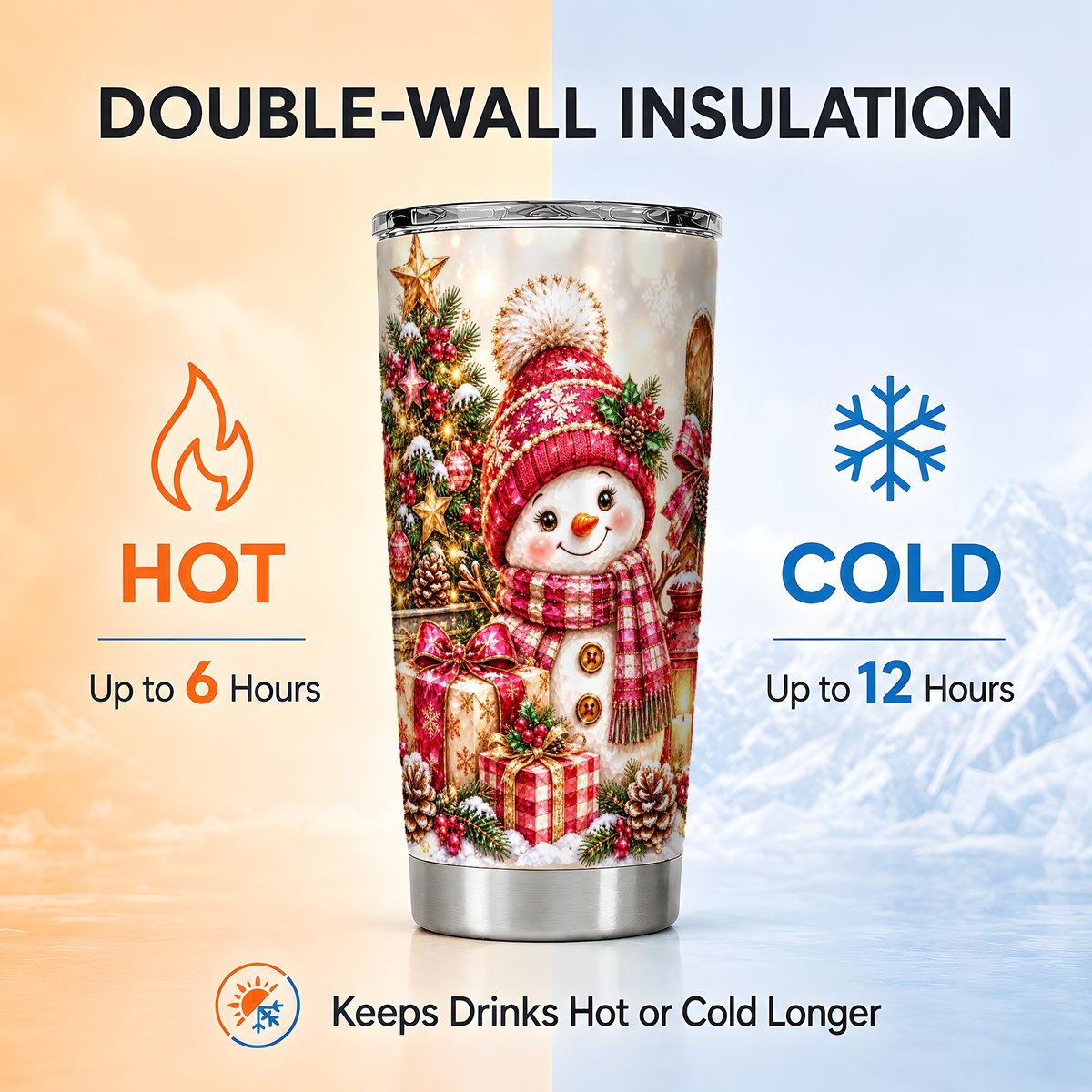 Christmas Snowman Tumbler 20oz, Holiday Stainless Steel Travel Cup