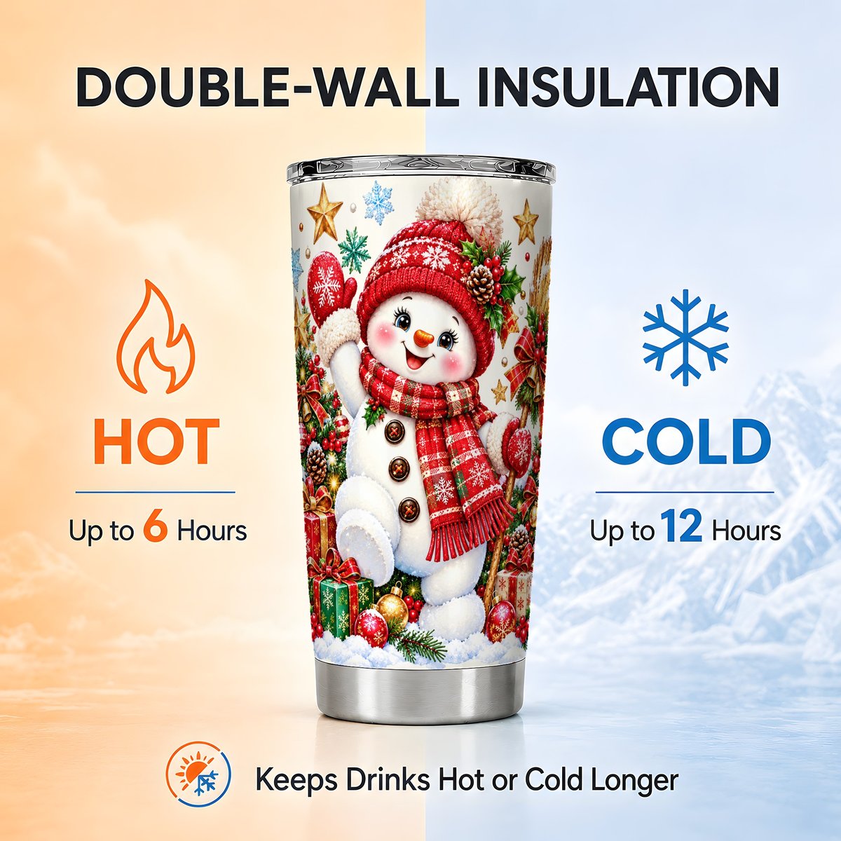 Christmas Snowman Tumbler 20oz, Winter Stainless Steel Travel Cup