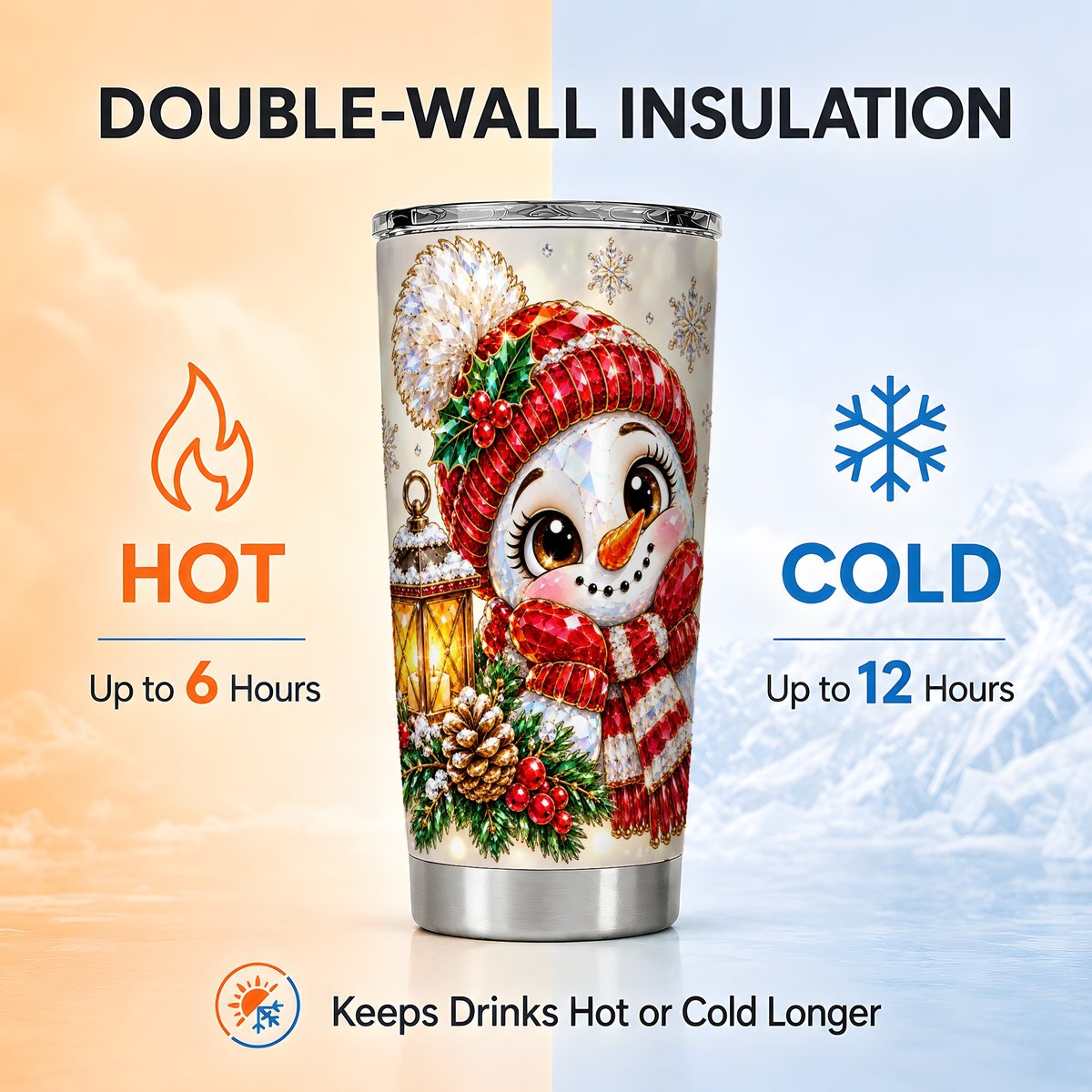 Crystal Snowman Tumbler 20oz, Lantern Stainless Steel Travel Cup