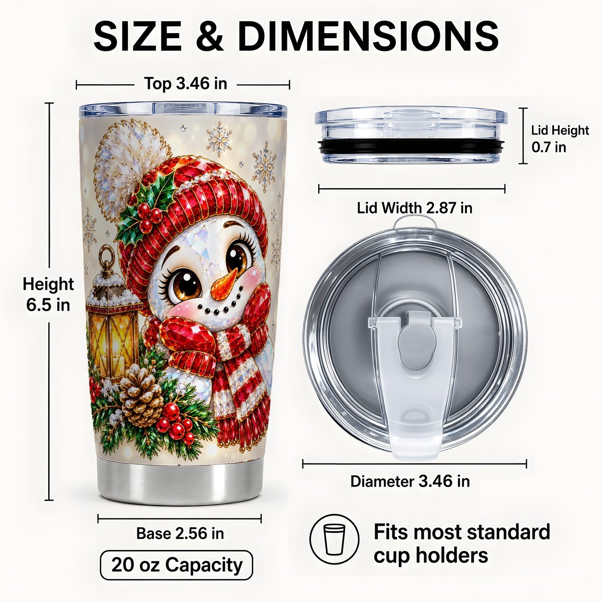 #pl[20oz|Steel] Crystal Snowman Tumbler 20oz, Lantern Stainless Steel Travel Cup