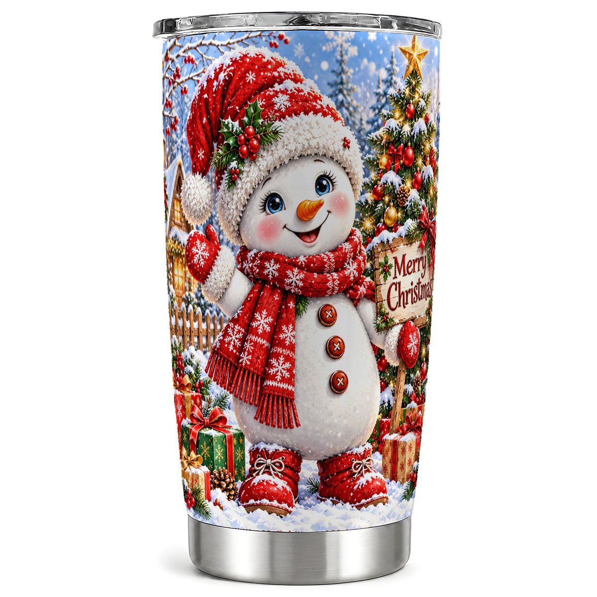 Christmas Village Snowman Tumbler 20oz, Stainless Steel Travel Cup