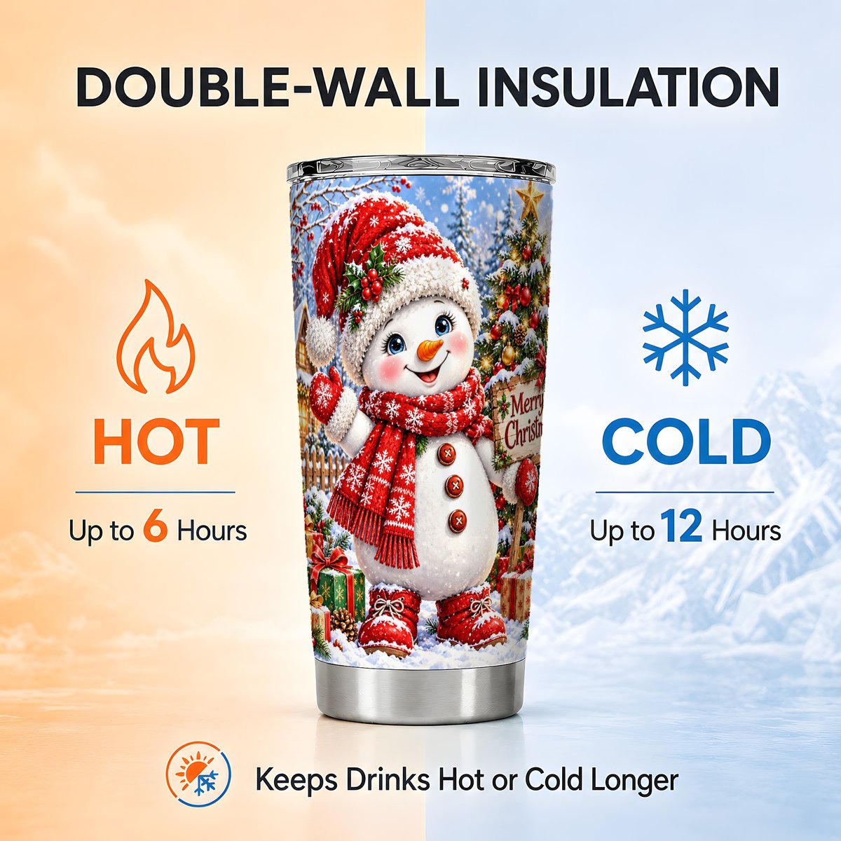 Christmas Village Snowman Tumbler 20oz, Stainless Steel Travel Cup
