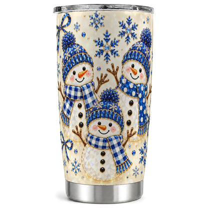 Blue Snowman Family Tumbler 20oz, Winter Stainless Steel Travel Cup