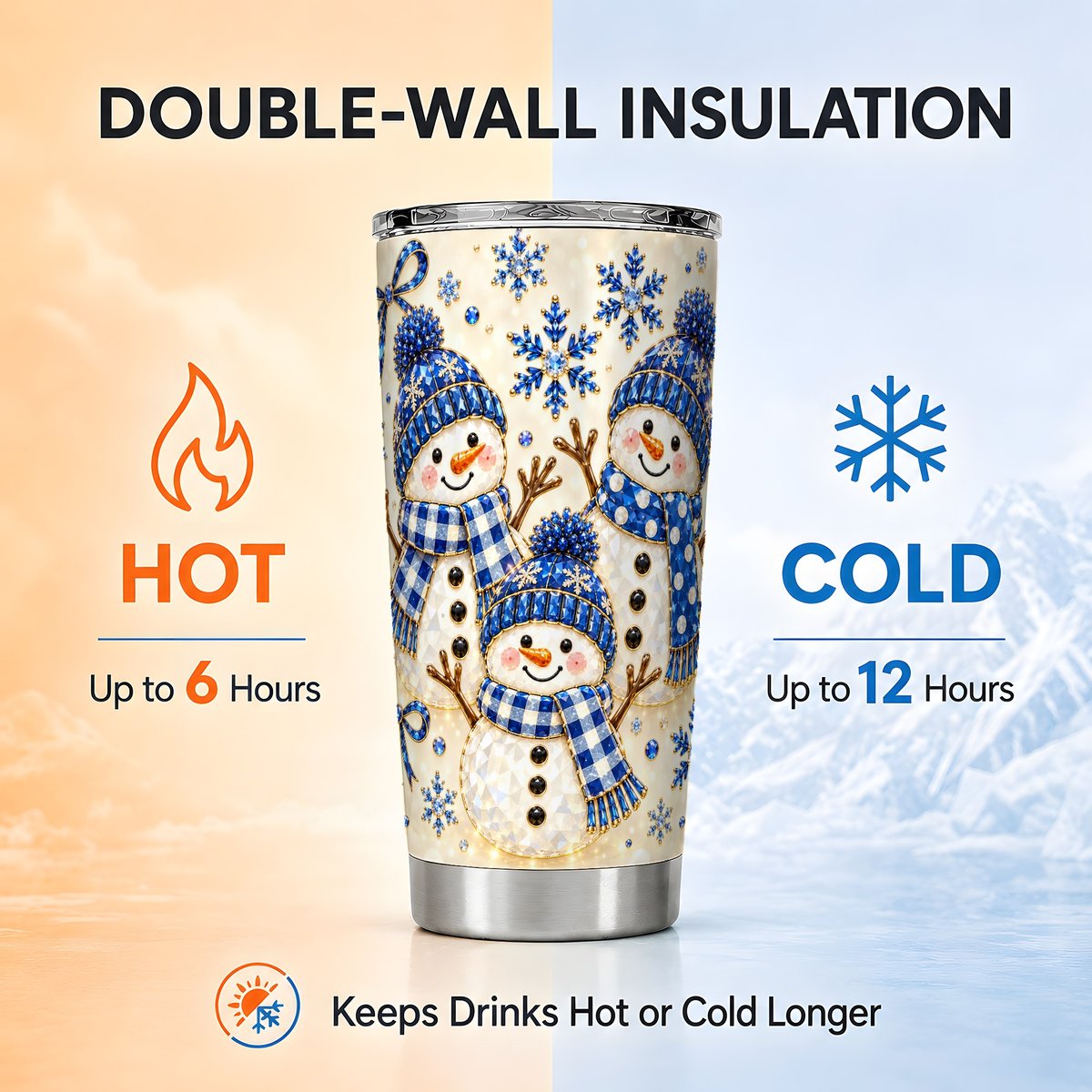 Blue Snowman Family Tumbler 20oz, Winter Stainless Steel Travel Cup