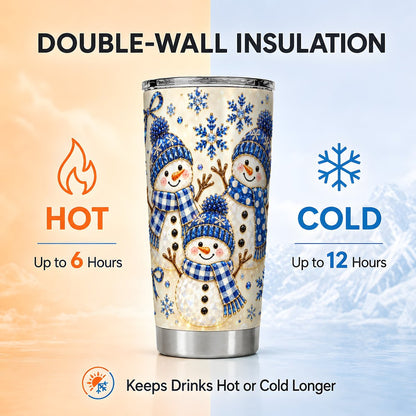 Blue Snowman Family Tumbler 20oz, Winter Stainless Steel Travel Cup