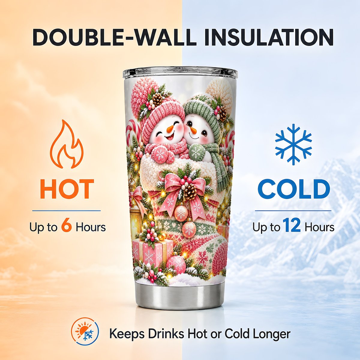 Snowman Duo Tumbler 20oz, Winter Tumbler, Stainless Steel Travel Cup