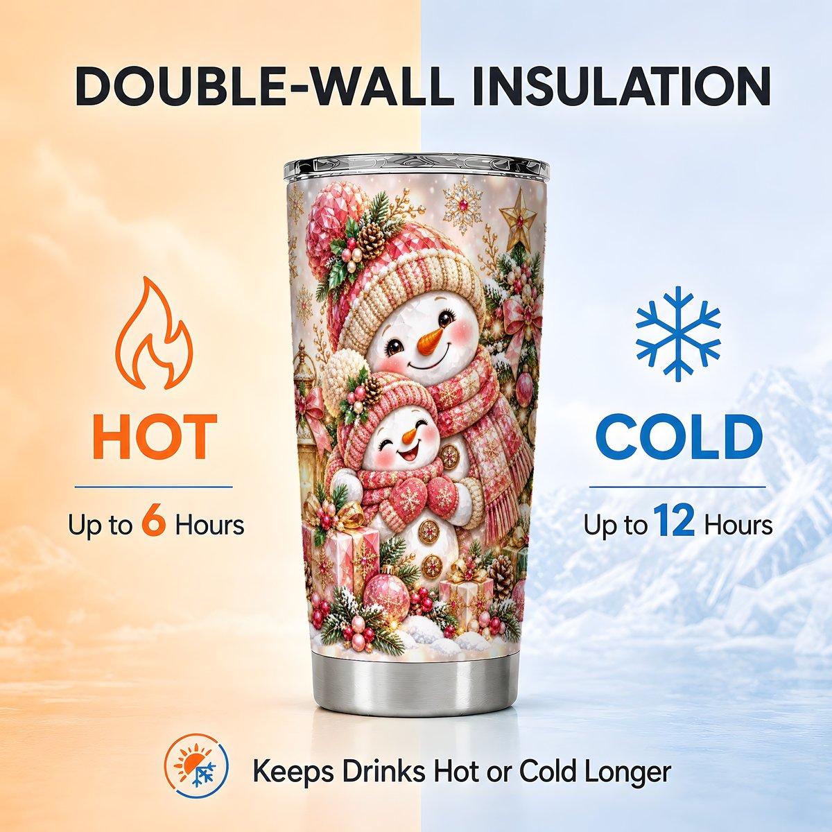 Snowman Family Tumbler 20oz, Holiday Tumbler, Stainless Steel Travel Cup