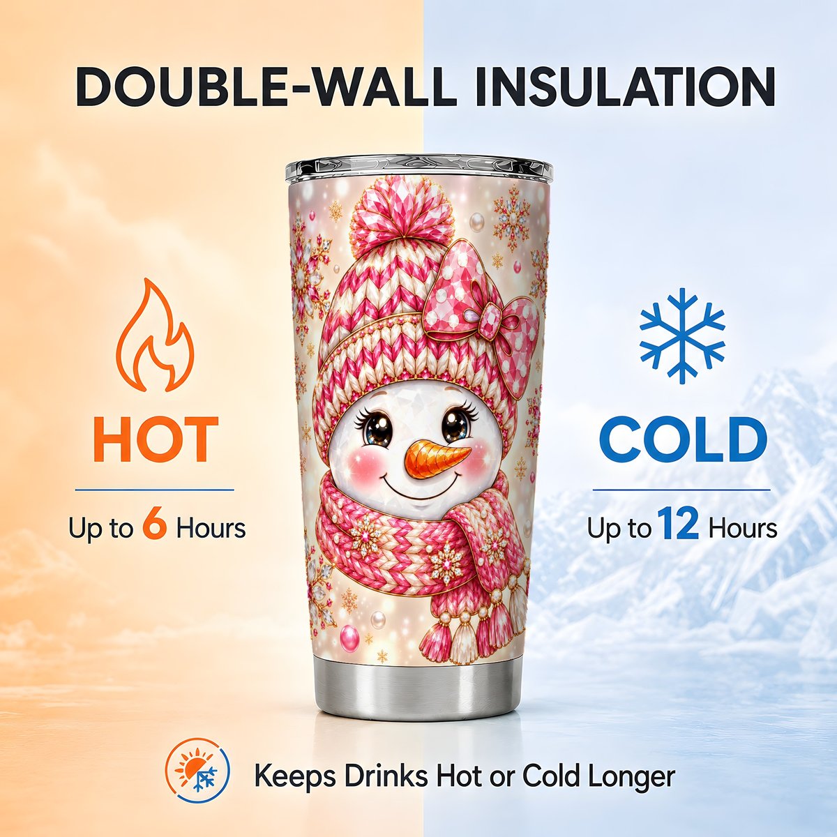 Pink Snowgirl Tumbler 20oz, Snowflake Tumbler, Stainless Steel Travel Cup