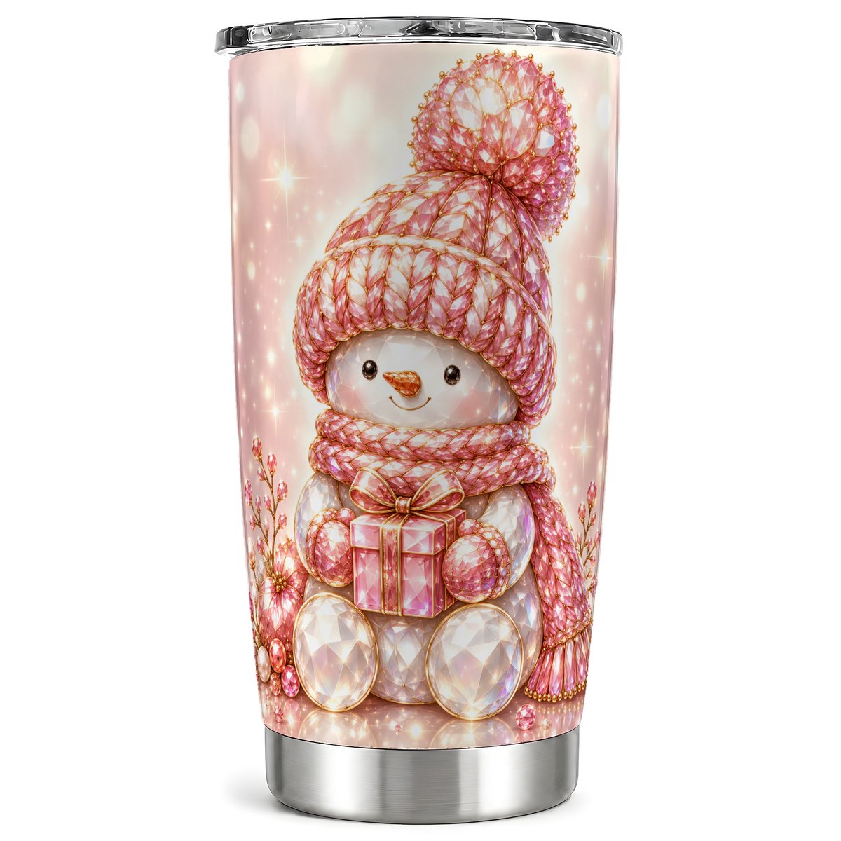 Pink Snowman Tumbler 20oz, Crystal Tumbler, Stainless Steel Travel Cup