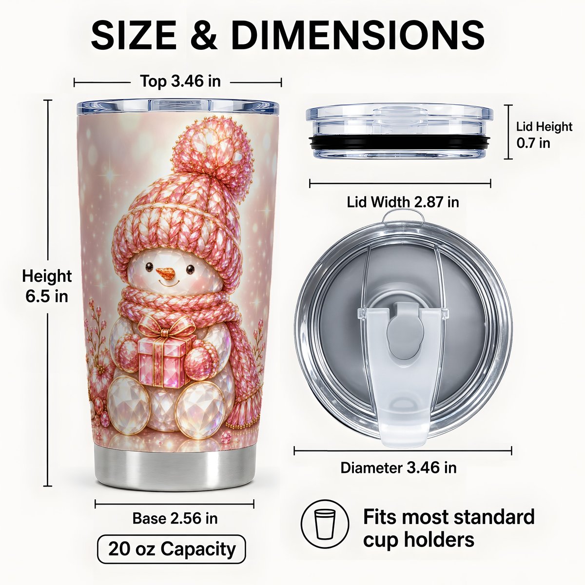 #pl[20oz|Steel] Pink Snowman Tumbler 20oz, Crystal Tumbler, Stainless Steel Travel Cup