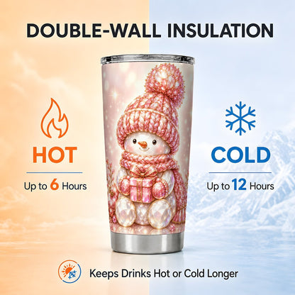 Pink Snowman Tumbler 20oz, Crystal Tumbler, Stainless Steel Travel Cup
