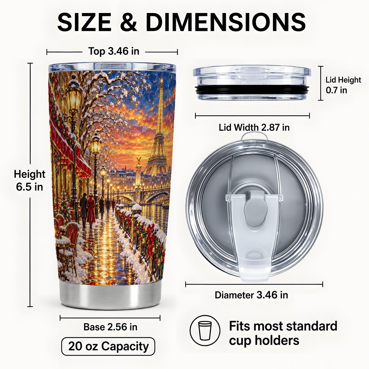 #pl[20oz|Steel] Paris Christmas 20oz Tumbler, Winter Scene Tumbler, Steel Travel Cup