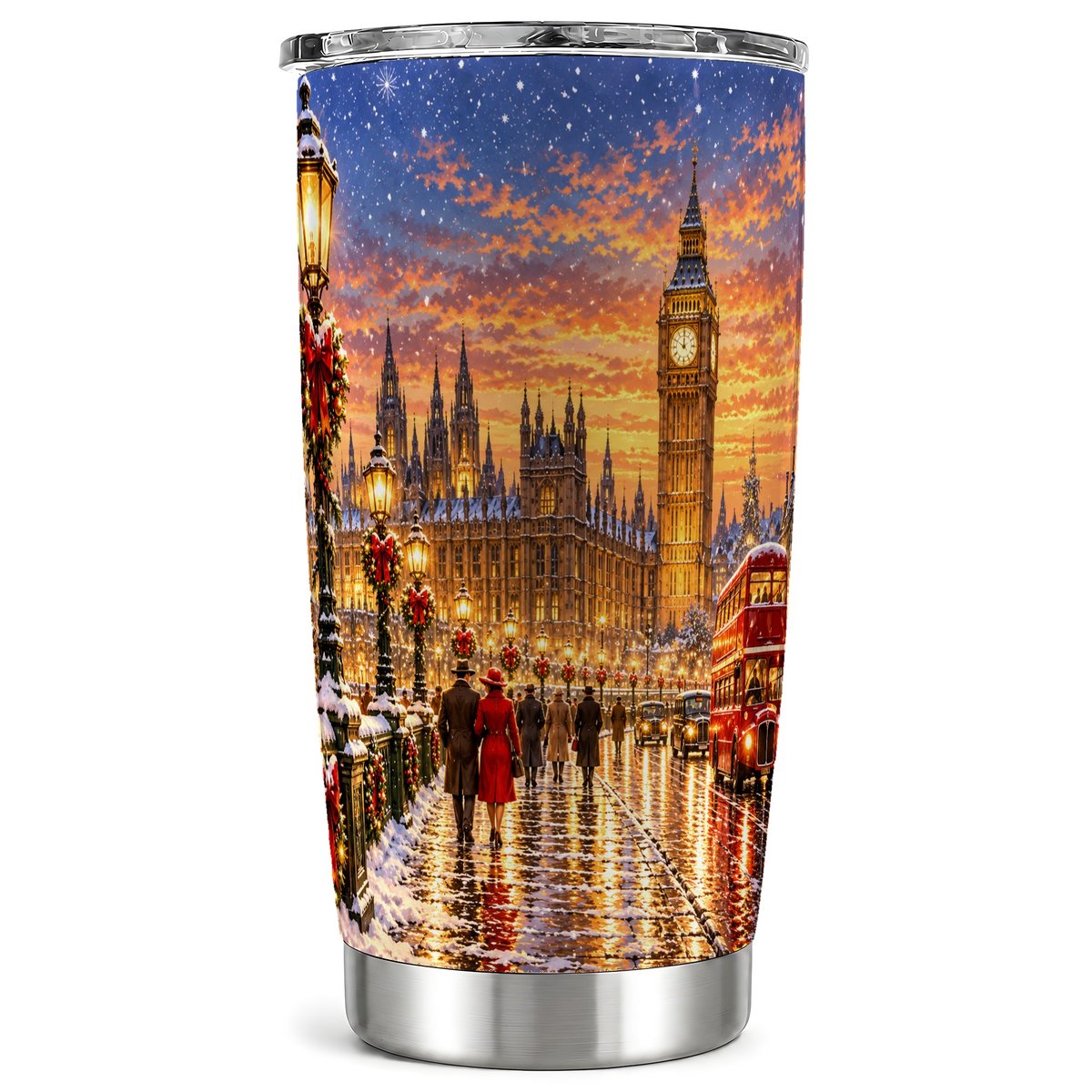 London Christmas 20oz Tumbler, Clock Tower Tumbler, Steel Travel Cup