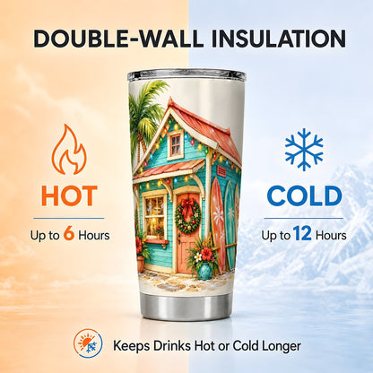 Tropical Christmas Cottage Tumbler 20oz, Beach Stainless Steel Travel Cup